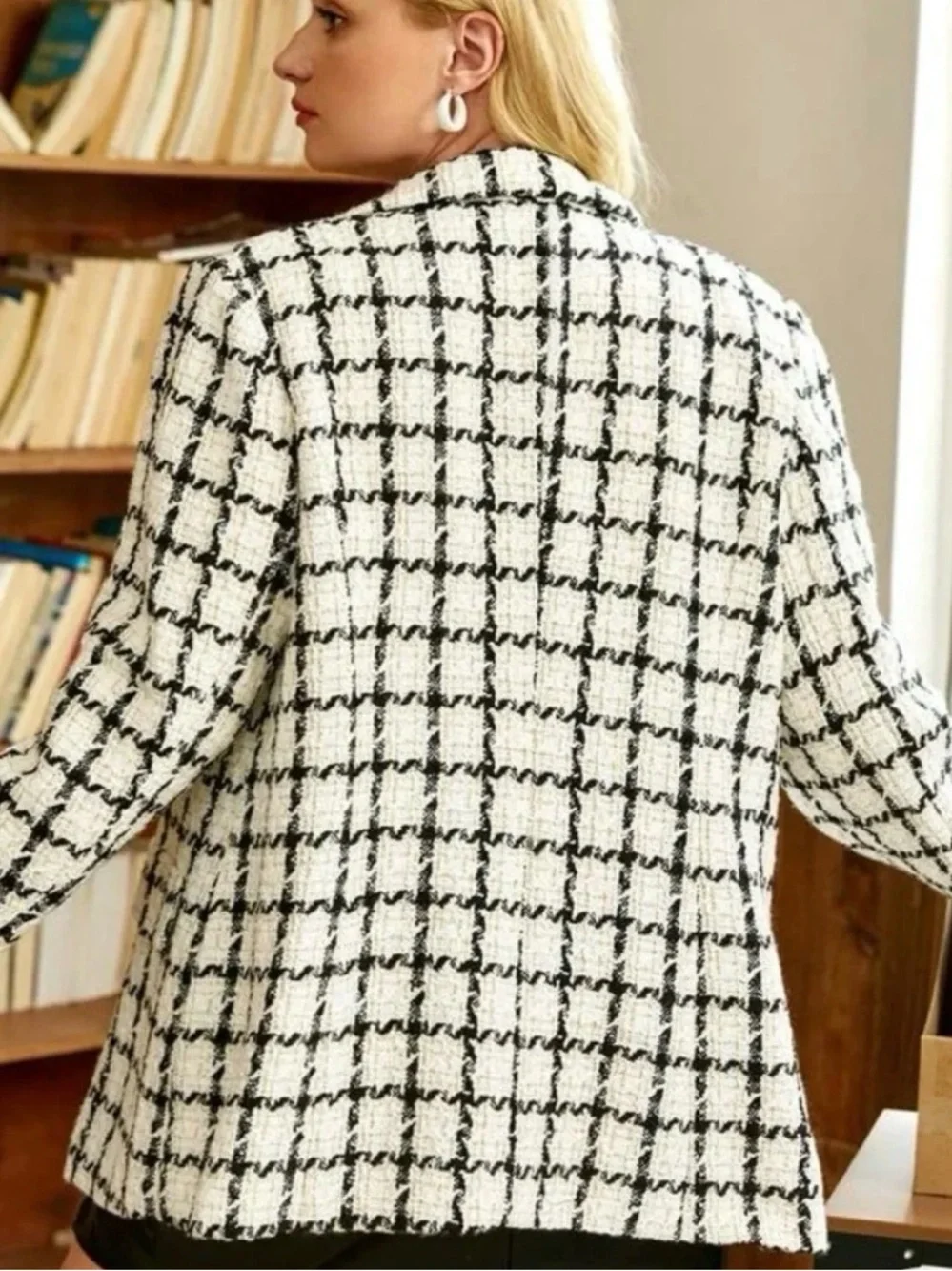 SHEIN Black & White Check Bouclé Double-Breasted Blazer - Picture 6 of 6